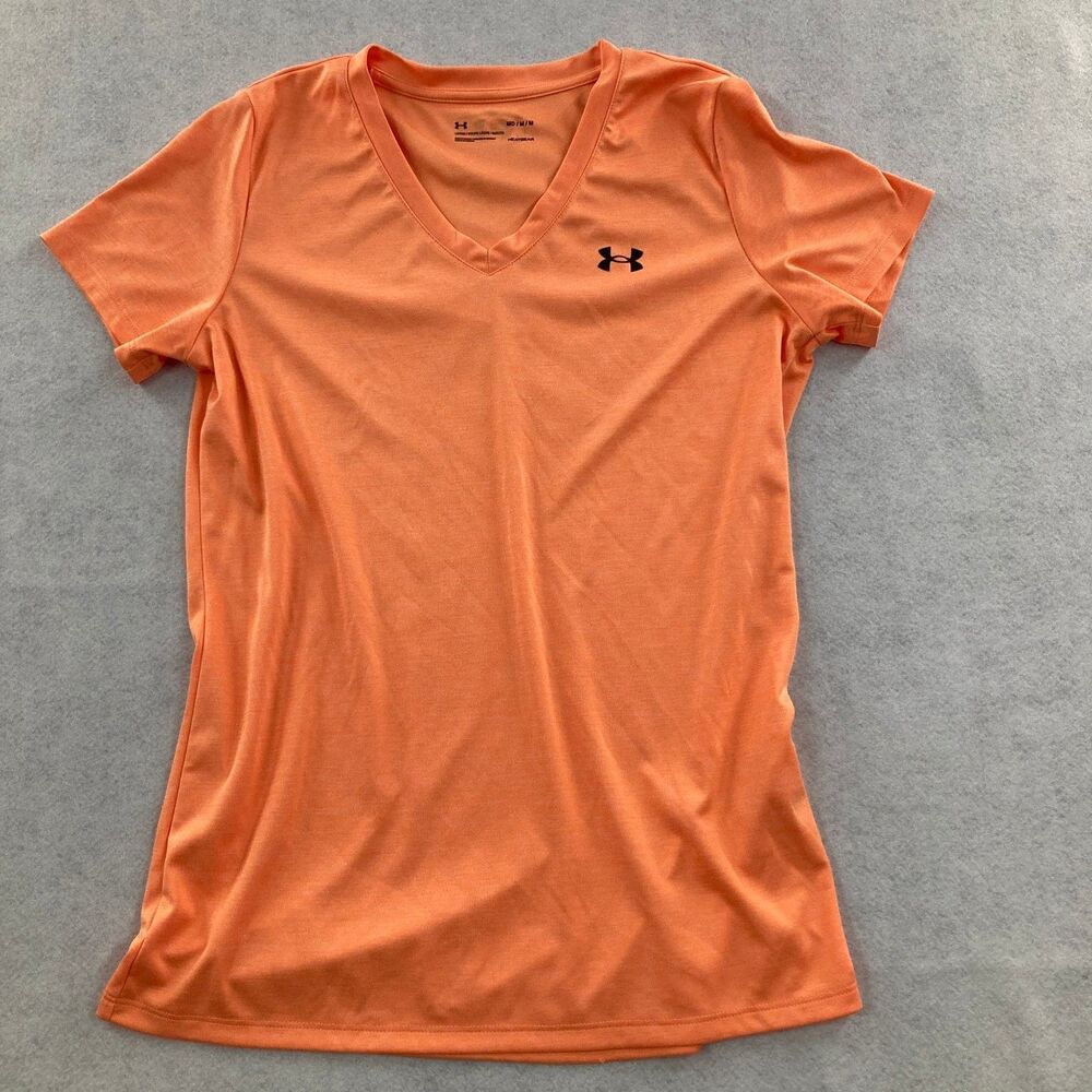 Under Armour Women's HeatGear V-Neck Activewear T-Shirt Orange Loose Fit Size M
